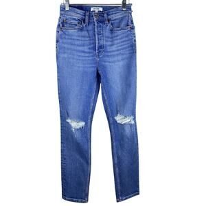 NWT Re/Done Sz 26 Hirise Ankle Crop Destroyed Sanded Blue Denim Buttn Frnt Jeans